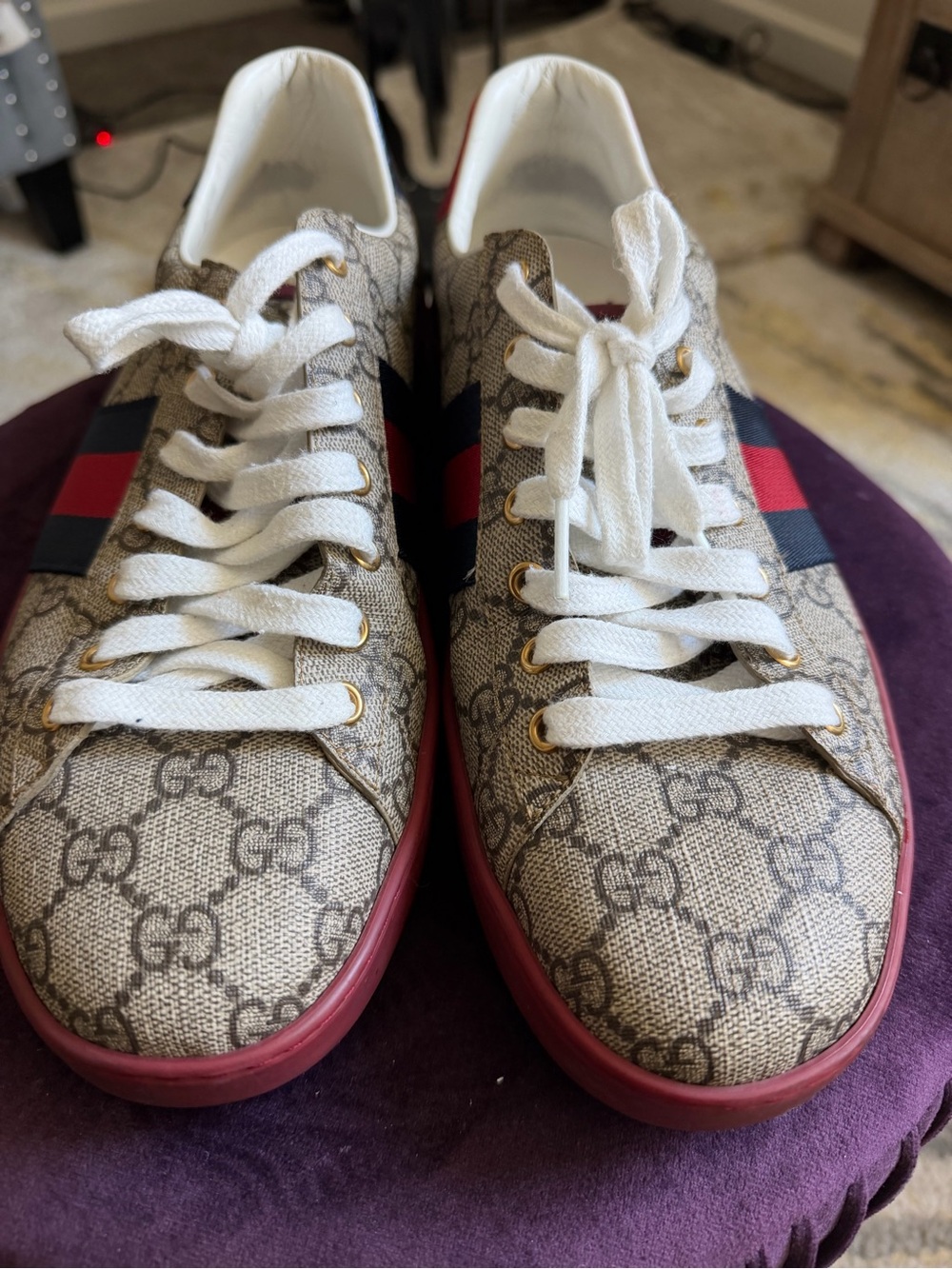Gucci ACE GG supreme Canvas Low-Top Sneakers with Red & Navy Stripe
